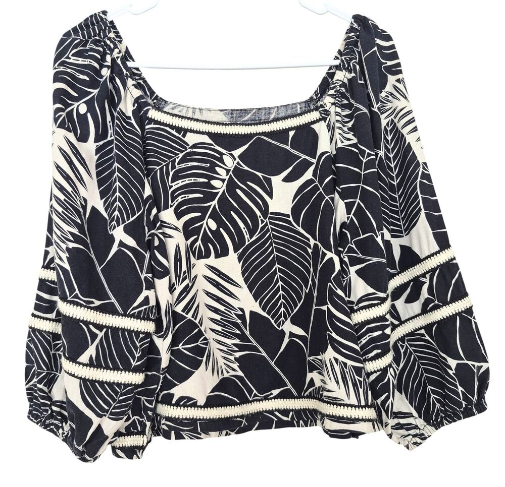 Cynthia Rowley Linen Top Size M Black Beige Tropical Print Square Neck Oversize